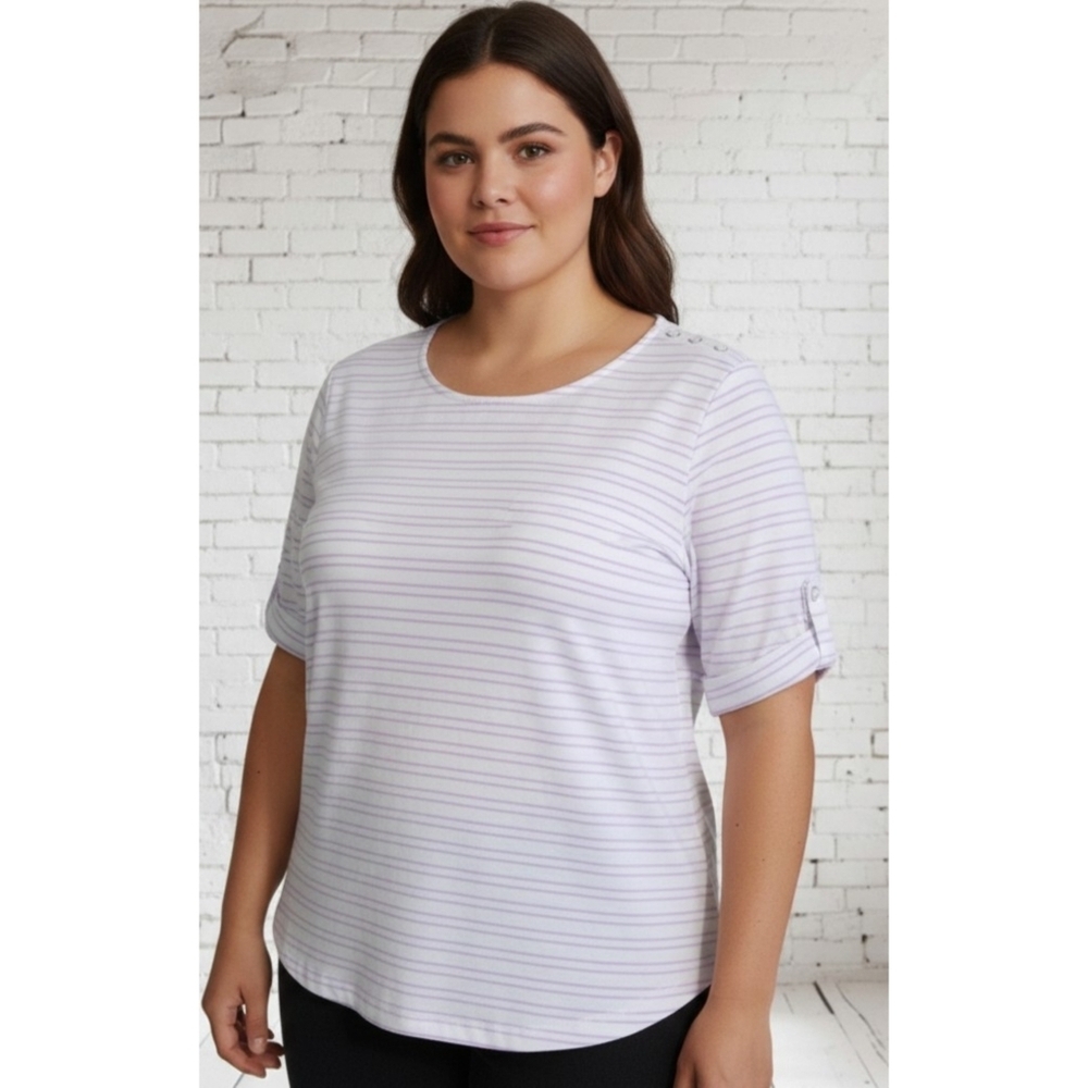 Cj Banks Short Sleeve Striped tee White & Purple Size 2X